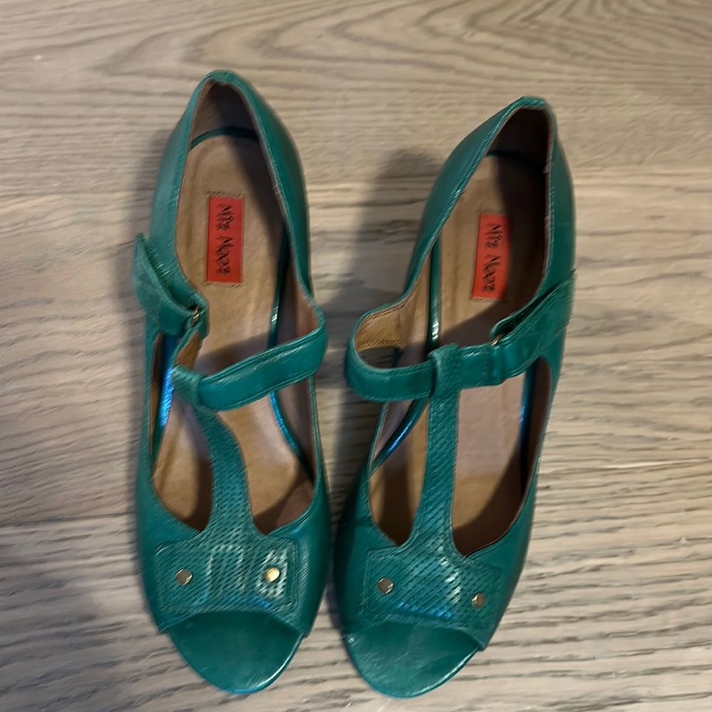 Miz Mooz Green Teal T-Strap Peep-Toe Heels with Stud Accents